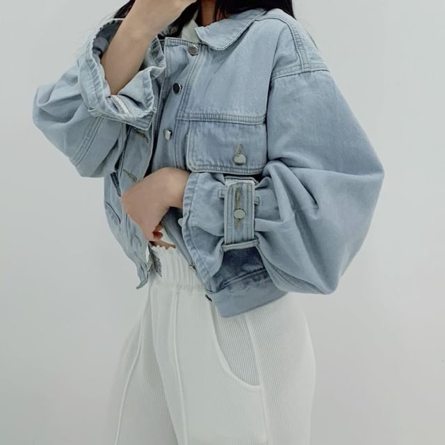 Omibayo-Collar Washed Denim Button Jacket