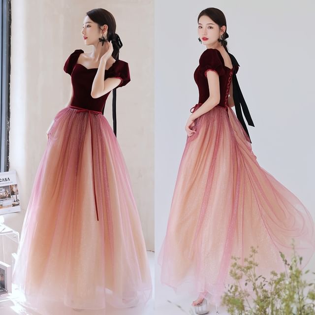 JVL-Short-Sleeve Gradient Mesh Panel A-Line Evening Gown