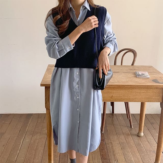 Vin Village - Plain Shirt Dress / Knit Vest