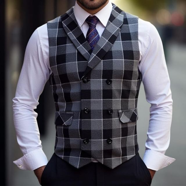 Lefitt-Shawl Collar Plaid Double-Breasted Vest
