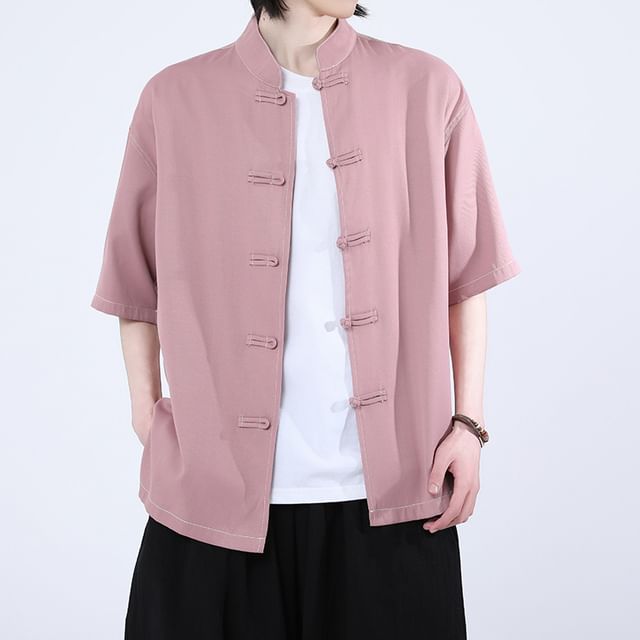 FORSETI-Short Sleeve Mandarin Collar Plain Button Shirt