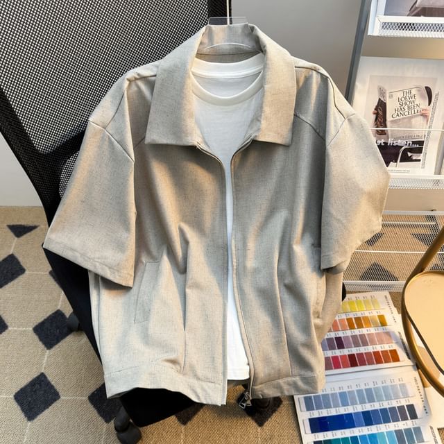 Plummie-Short Sleeve Collared Plain Zip Shirt Jacket