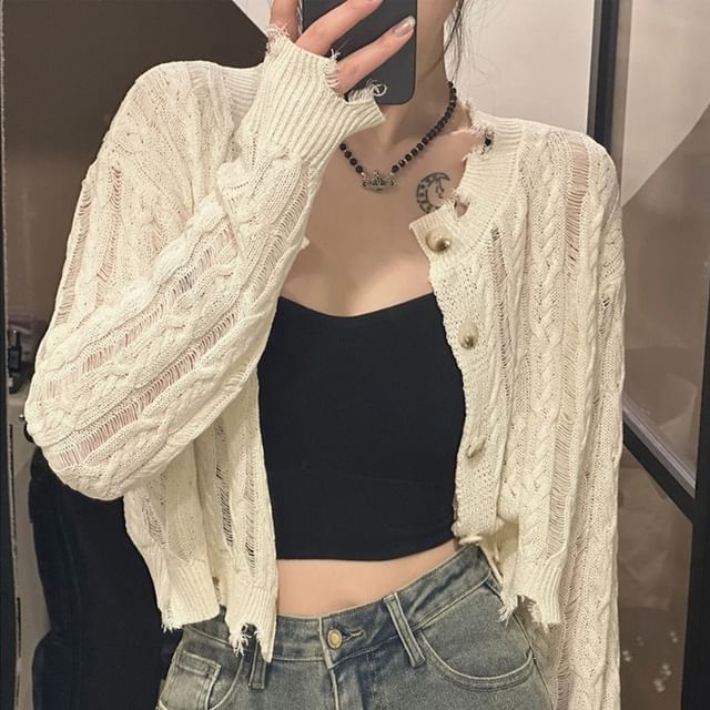 GOUB-Round Neck Plain Cable Knit Cardigan