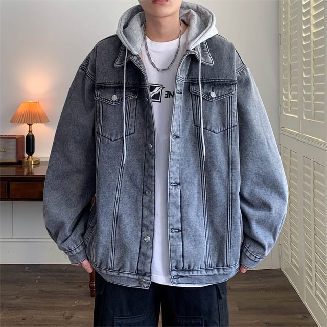 Bay Go Mall-Collared Mock Two-Piece Washed Hooded Button-Up Denim Jacket