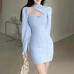 Klulesh - Long-Sleeve Mock-Neck Cutout Knit Mini Sheath Dress