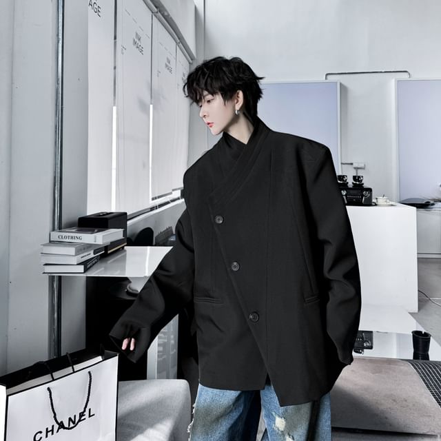 ravewider-Plain Asymmetrical Oversized Single-Breasted Jacket