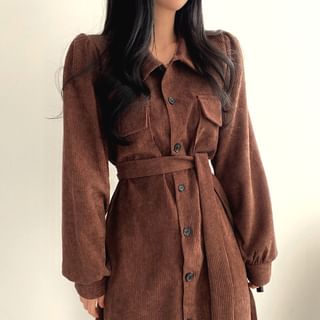 Lewwe Long-Sleeve Plain Belted Corduroy Midi Shirt Dress Sale