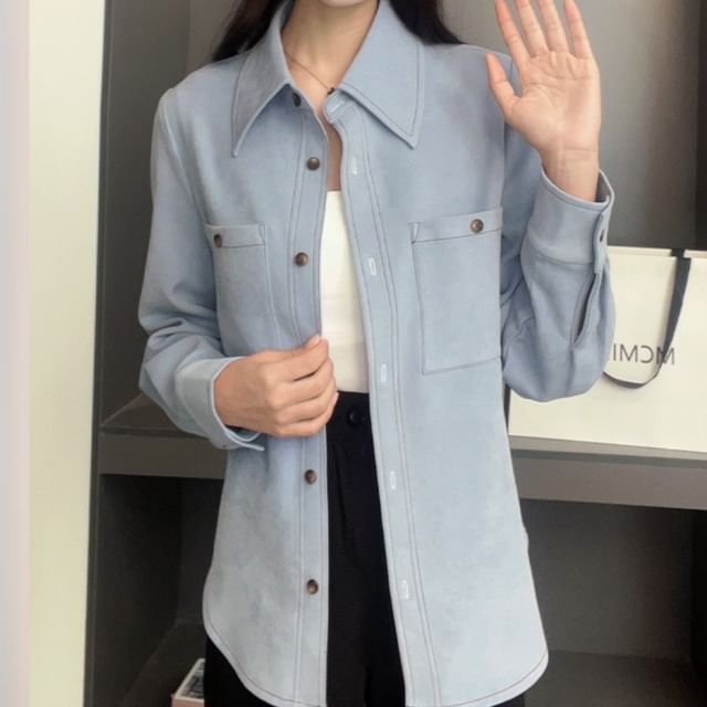Woohan-Long-Sleeve Plain Pocket Detail Shirt