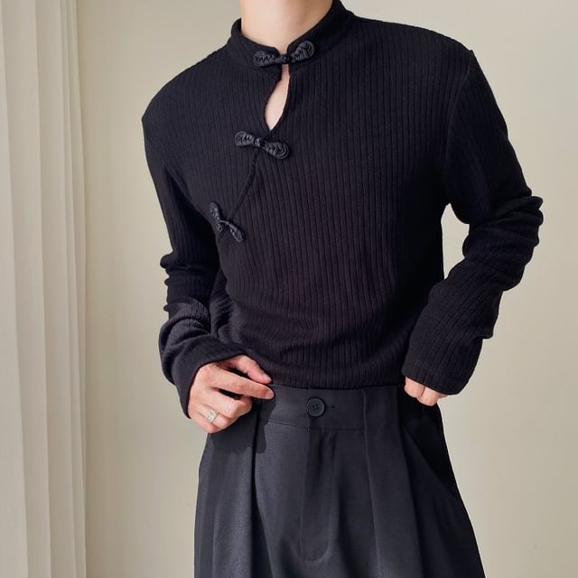Bjorn-Long-Sleeve Stand Collar Plain Cutout Ribbed Frog Buttoned Knit Top