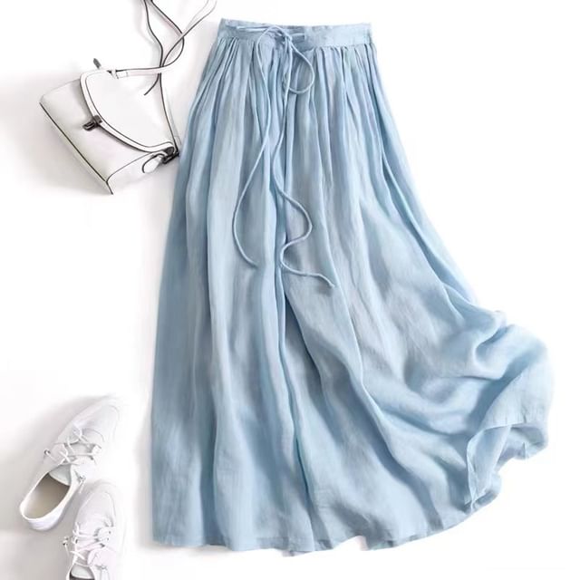 PANDAGO-High Waist Plain Maxi A-Line Skirt