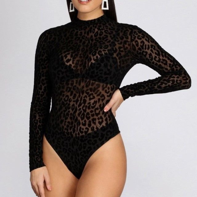 Ivuniarre Long-Sleeve Mock-Neck Leopard Print Mesh Bodysuit Top