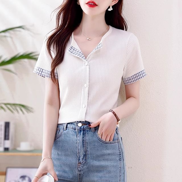Dragan Pulse-Short-Sleeve Round Neck Plaid Panel Ribbed Button Knit Top