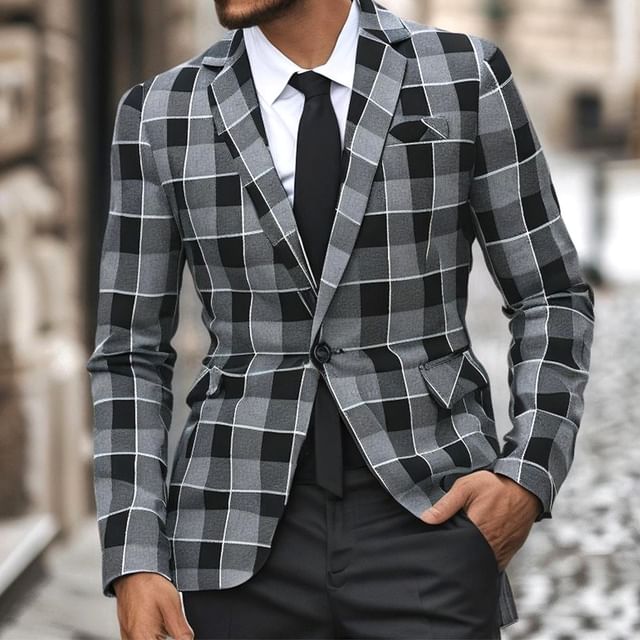 Blueforce-Lapel Collar Plaid Single Button Blazer