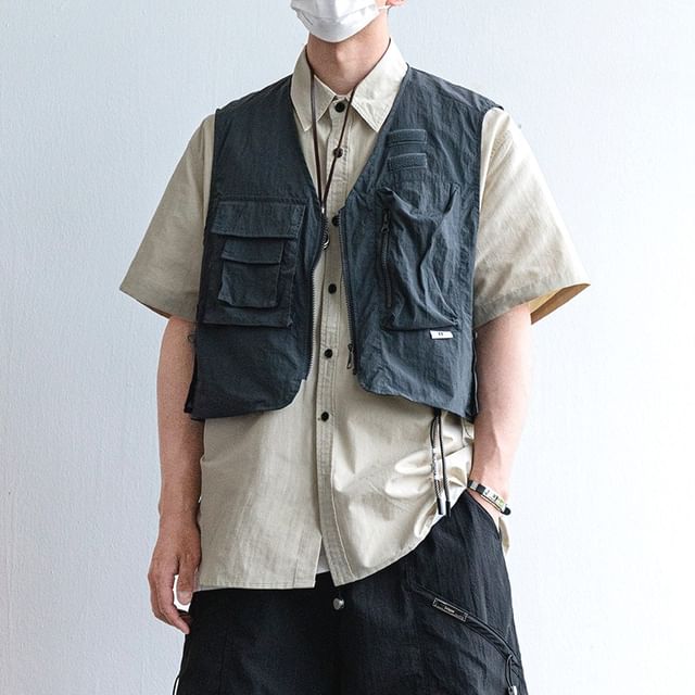 WidoWilder-V-Neck Plain Crop Zip Cargo Vest