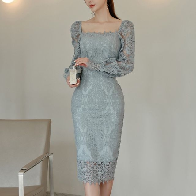 Oufan - Long-Sleeve Square Neck Lace Midi Bodycon Dress | YesStyle