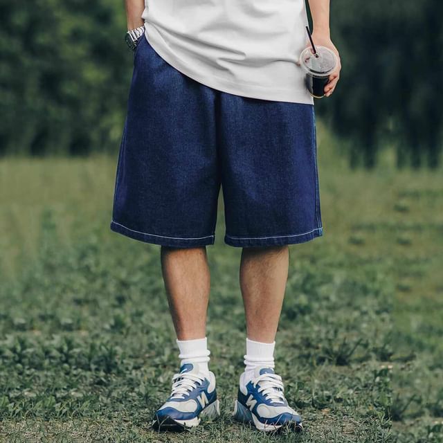 Adothuiastic-Drawstring Waist Denim Wide Leg Jorts