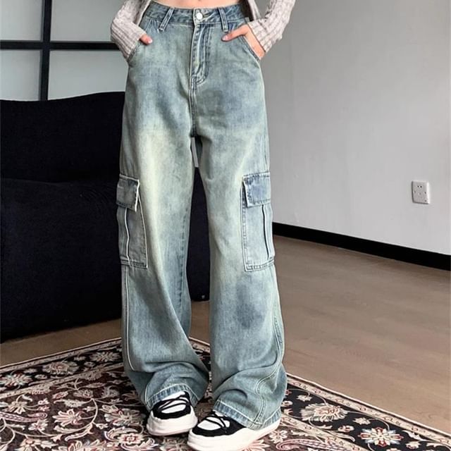 Cloud Nine-Mid Waist Washed Wide Leg Cargo Jeans