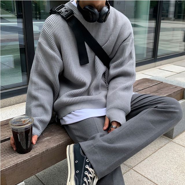 Omozando-Long-Sleeve Plain Knit Sweater