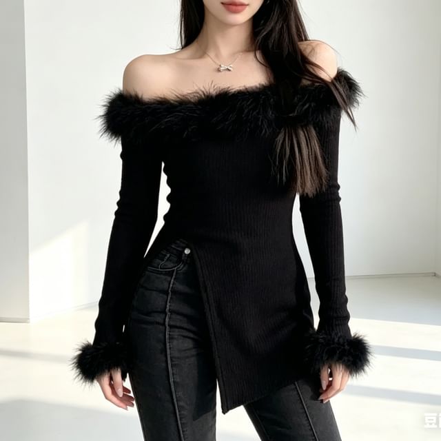 KONGER-S - Off-Shoulder Plain Fluffy Trim Ribbed Side-Slit Sweater