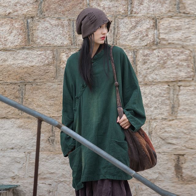 Lewwe-Long-Sleeve Crew Neck Plain Frog Buttoned Ramie Oversized Top