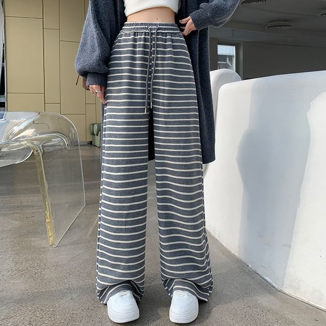 Racoon-Drawstring Waist Striped Wide Leg Pants