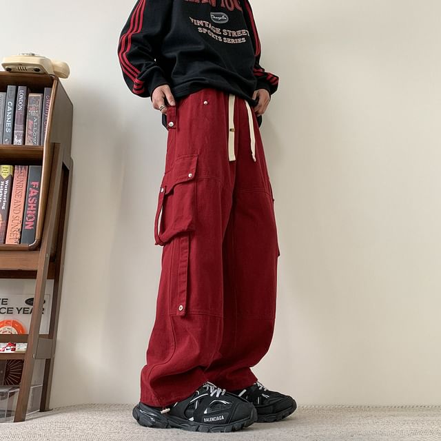 AXEN-Drawstring Waist Plain Wide Leg Cargo Pants