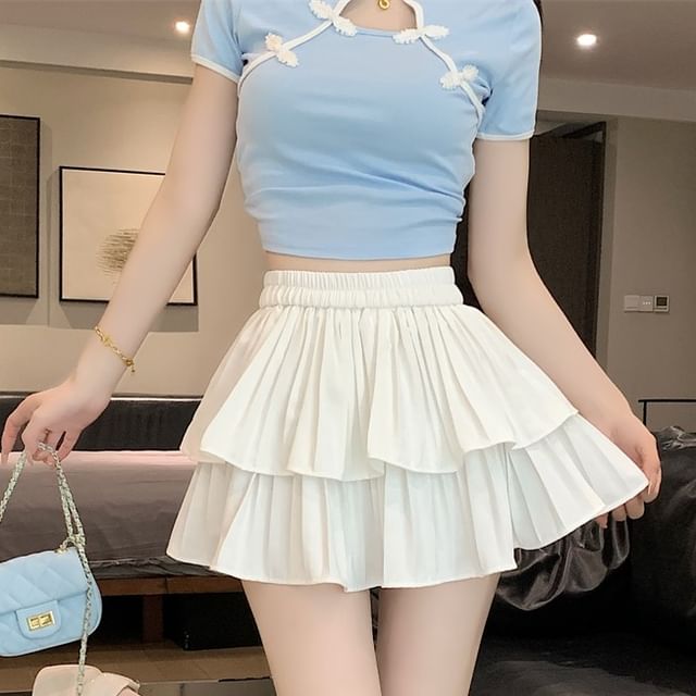 Magimomo-High Waist Plain Mini Tiered Skirt