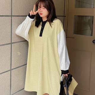 Tripoly Plus Size Long-Sleeve Collar Striped Color Block Midi T-Shirt Dress Sale