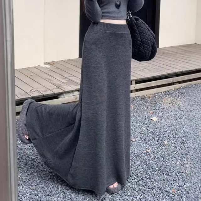 Kenning-High Waist Plain Maxi A-Line Skirt