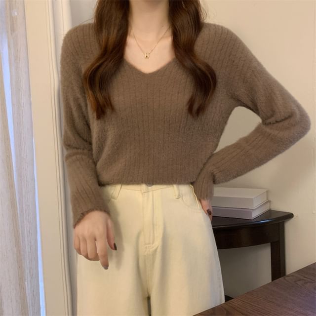 Sisyphi-Long Sleeve V-Neck Plain Ribbed Knit Top