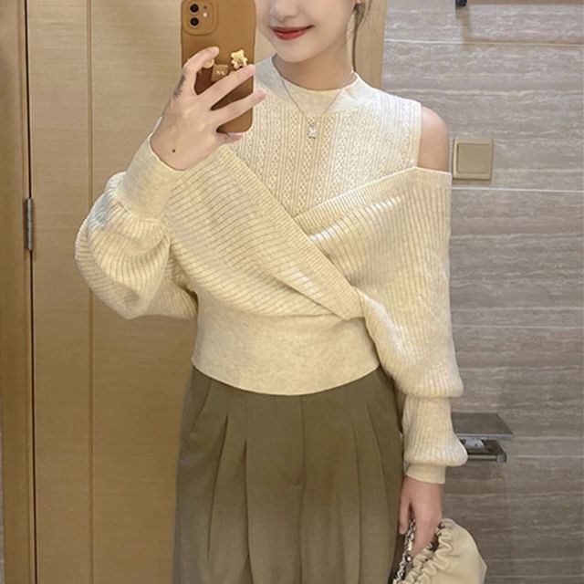 INEN-Mock Two-Piece Mock Neck Cold-Shoulder Ribbed Sweater