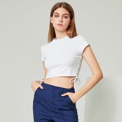 YS by YesStyle - Eco-Friendly Short-Sleeve Button Up  Drawstring Crop Top
