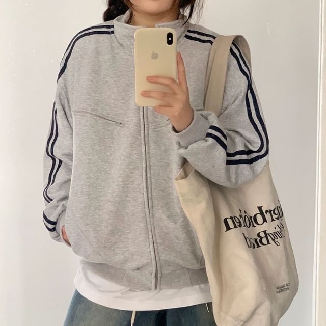 Bolgivy-Collared Striped Side Zip-Up Jacket