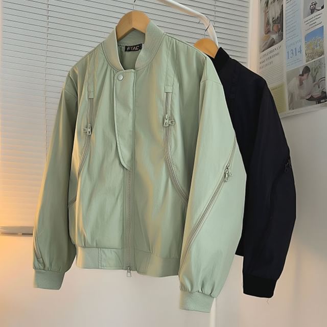 Trimecca-Plain Zip-Up Bomber Jacket