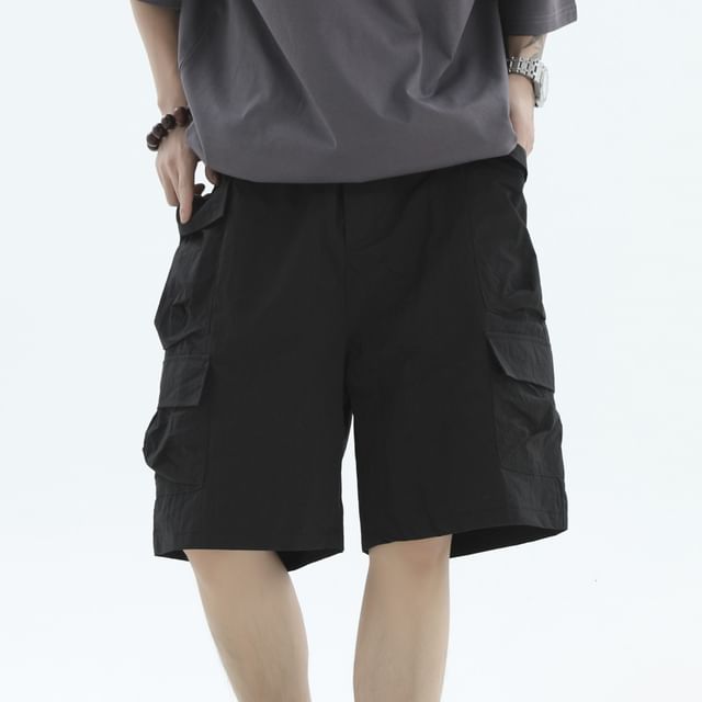 INStudio-Drawstring Waist Plain Wide Leg Cargo Shorts