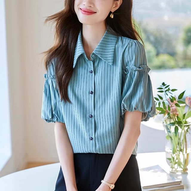 Dragan Pulse-Puff-Sleeve Collared Striped Frill Trim Button-Up Blouse