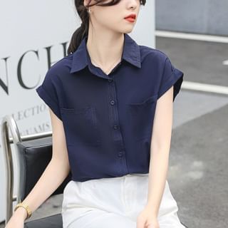 Daybreak-Cap-Sleeve Plain Pocket Detail Shirt