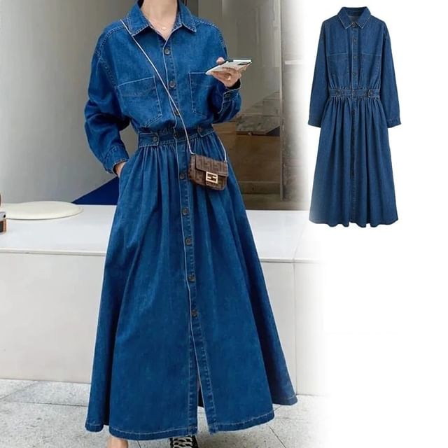 Supernova - Long-Sleeve Collared Washed Maxi A-Line Denim Dress | YesStyle