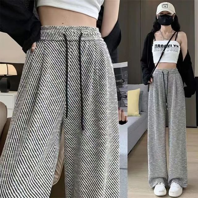 Everose-Drawstring Waist Striped Wide Leg Pants