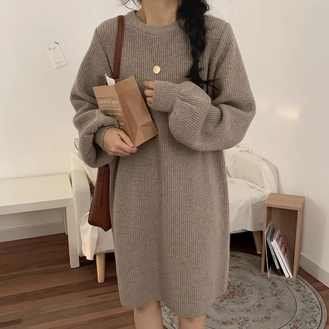 Coris - Puff-Sleeve Crew Neck Plain Ribbed Sweater Dress | YesStyle