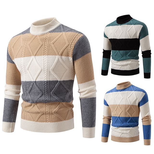 Blueforce-Long-Sleeve Mock Neck Color Block Knit Top