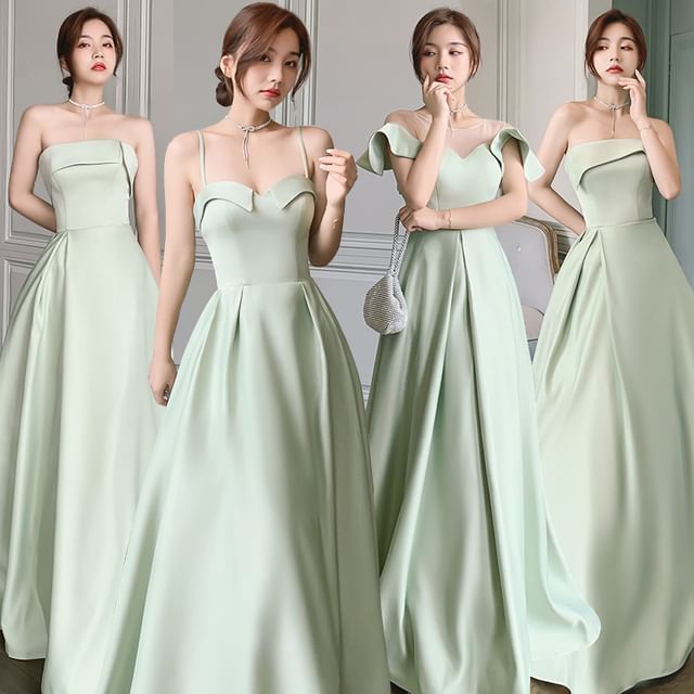 DreesHouse-Spaghetti Strap Plain A-Line Evening Gown Strapless Evening Gown Short-Sleeve Mesh Panel A-Line Evening Gown