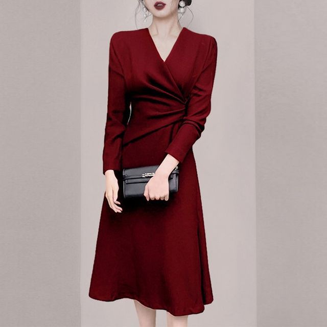 Yilda - Long-Sleeve Shirred Midi A-Line Dress | YesStyle