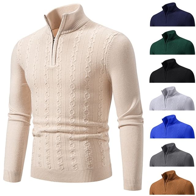 Blueforce-Stand Collar Plain Half Zip Cable Knit Sweater