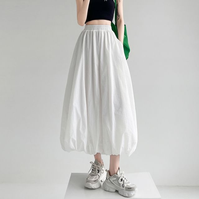 Rosesand-High Rise Plain Bubble-Hem Midi Skirt
