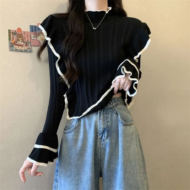 Sisyphi-Bell Sleeve Mock Neck Contrast Trim Ruffle Sweater