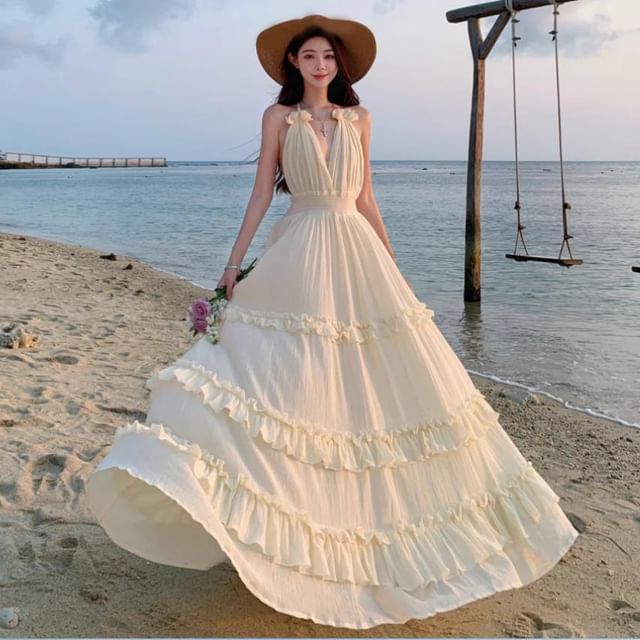 JIYON-Spaghetti Strap Plain Open Back Tiered Ruffle Trim Maxi A-Line Dress