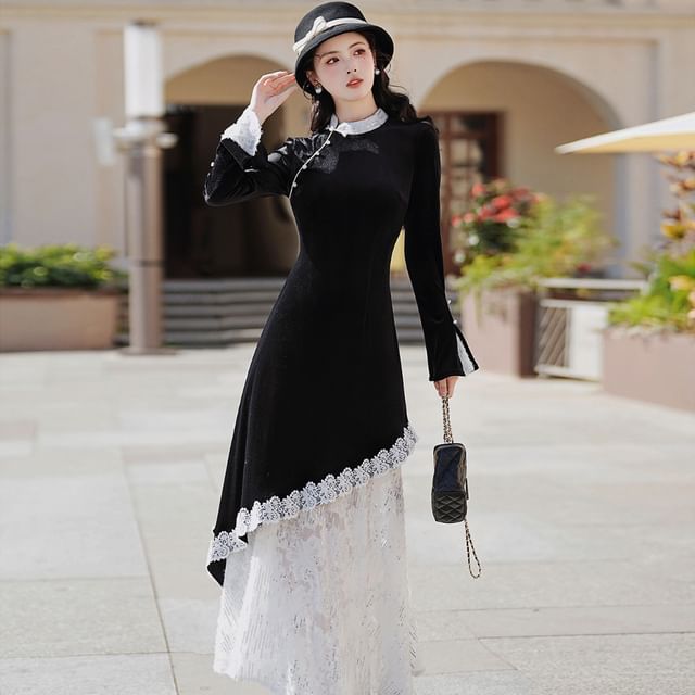 sansweet - Mock Two-Piece Long-Sleeve Stand Collar Asymmetrical Lace Panel  Velvet Maxi A-Line Dress | YesStyle