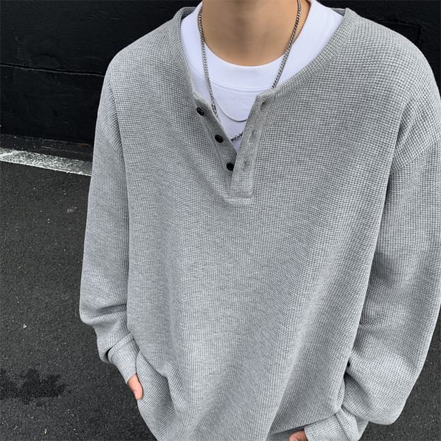 Diphon-Long Sleeve Henley Plain Waffle T-Shirt
