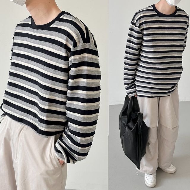 DAZO Studios-Long-Sleeve Round Neck Striped T-Shirt